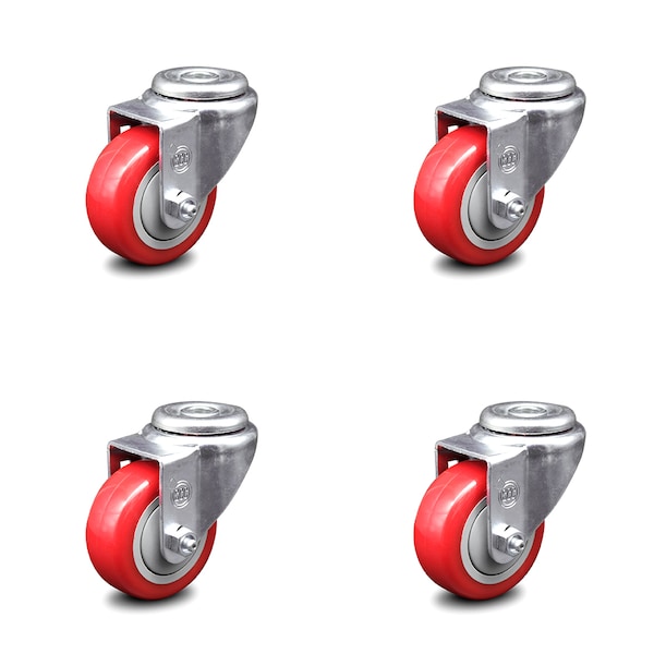 3 Inch Red Polyurethane Wheel Swivel Bolt Hole Caster Set